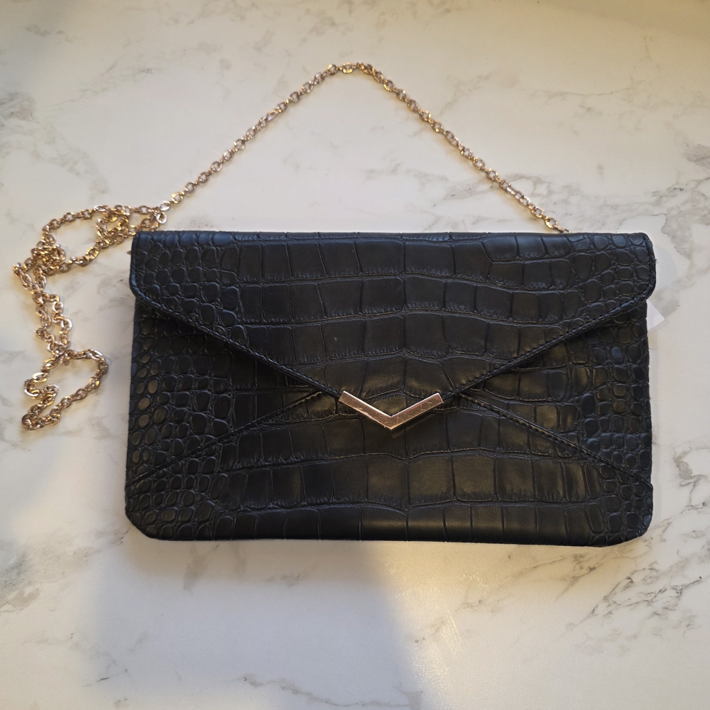 Urban Expressions Black Croc-Embossed Envelope Clutch with Gold Chain